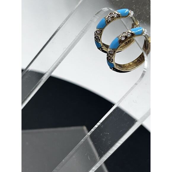 Blue Turquoise Pave Crystal CZ Gold Vermeil 925 Small Huggie Hoops - Picture 10 of 15